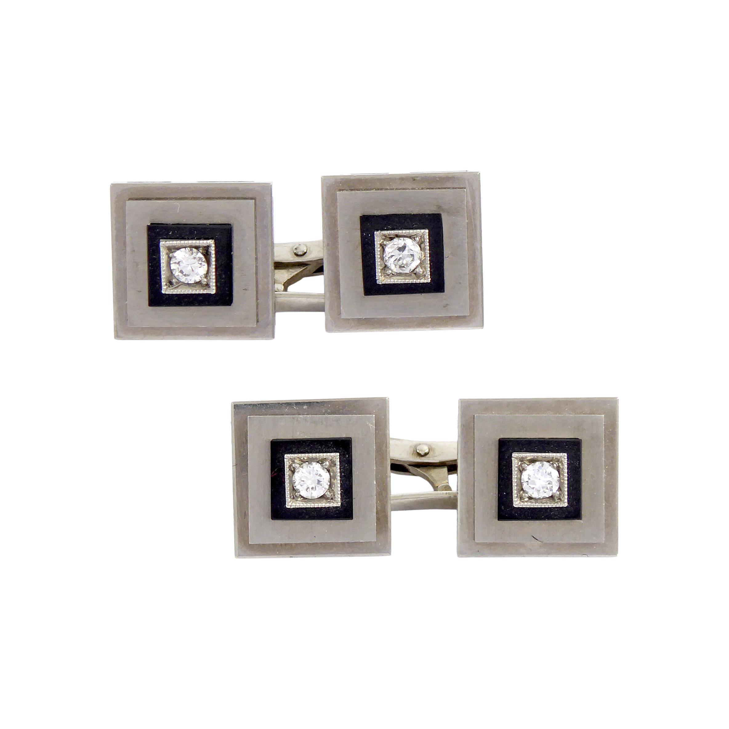 Pair of Art Deco diamond, onyx and black enamel square panel cufflinks set in 18ct white gold, Italian c.1925,